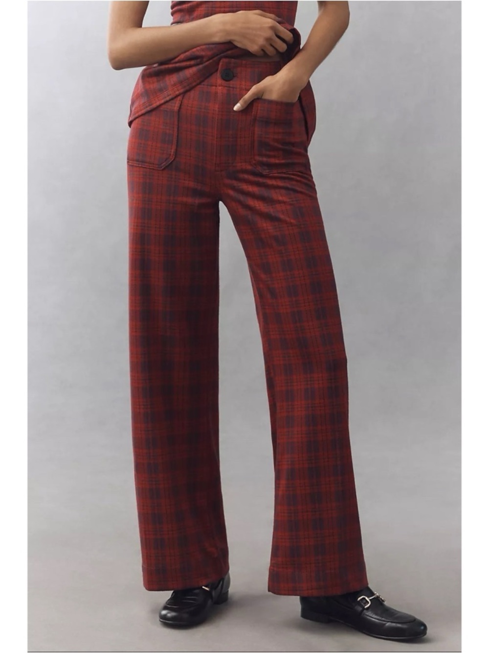 NWT Anthropologie The Colette Full-Length Tartan Plaid Wide-Leg Pants Red 25